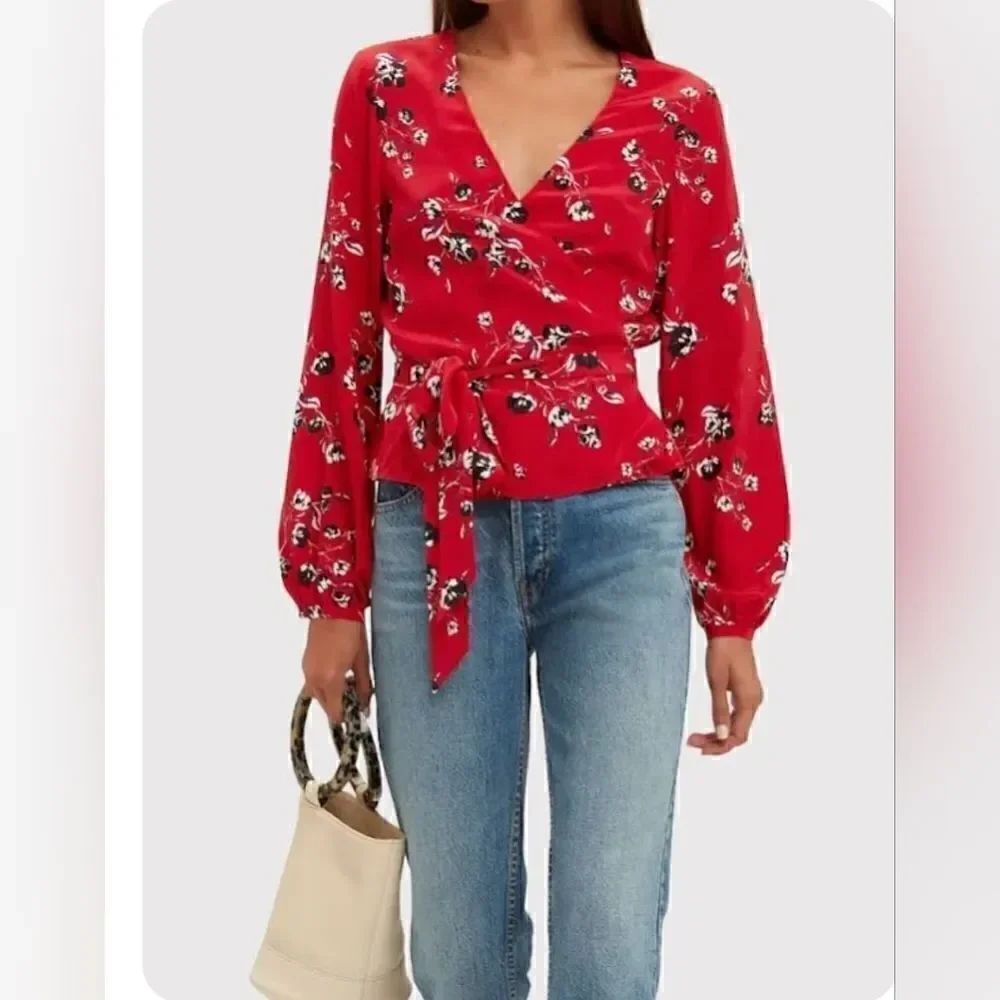 Intermix "Devon" silk red black wrap blouse
